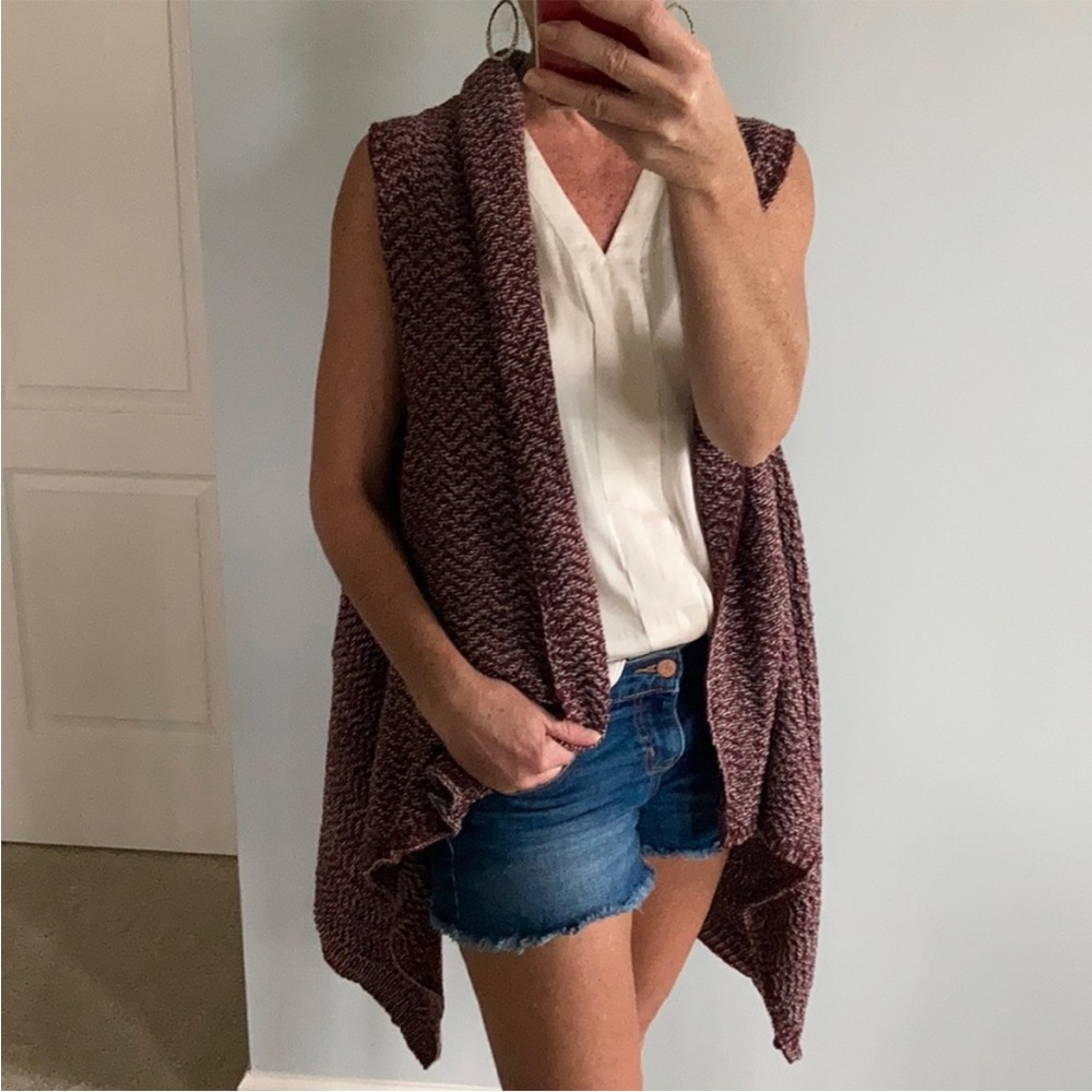 Wine & Ivory Color Long Open Style Cardigan - Picture 1 of 9